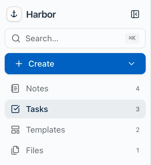 The top of Harbor's sidebar with both count switches on: Notes 4, Tasks 3, Templates 2 and Files 1.