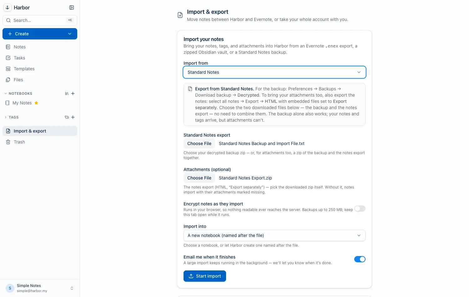 Harbor's Import screen set to Standard Notes, with the backup file and the attachments file both chosen and the Start import button ready.