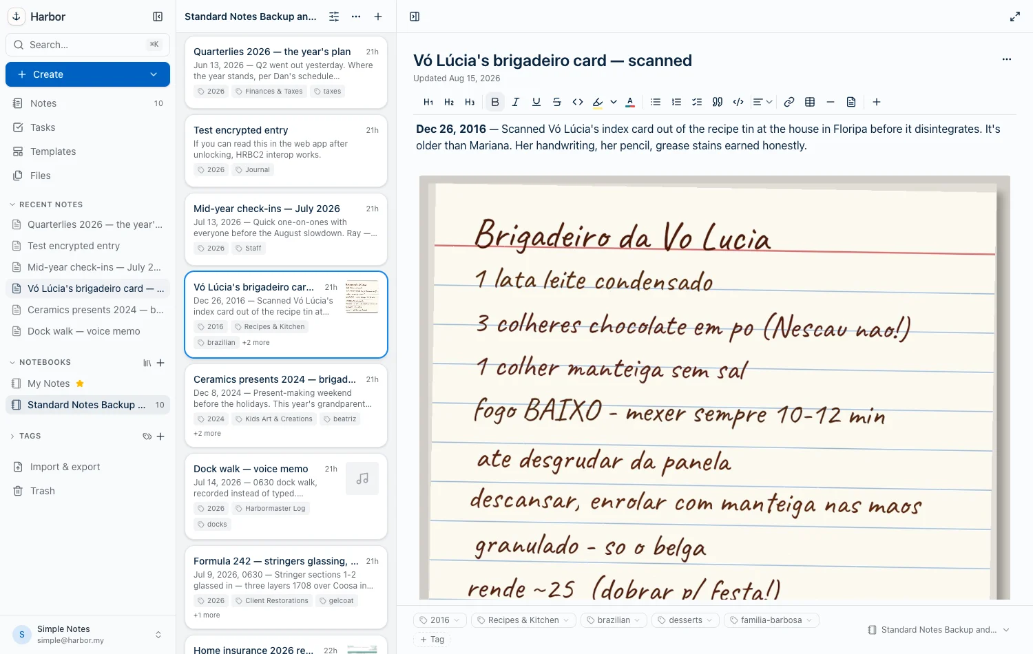 An imported Standard Notes note open in Harbor — a handwritten recipe card attachment rendered inline, with its tags and notebook intact — alongside the rest of the imported notes.