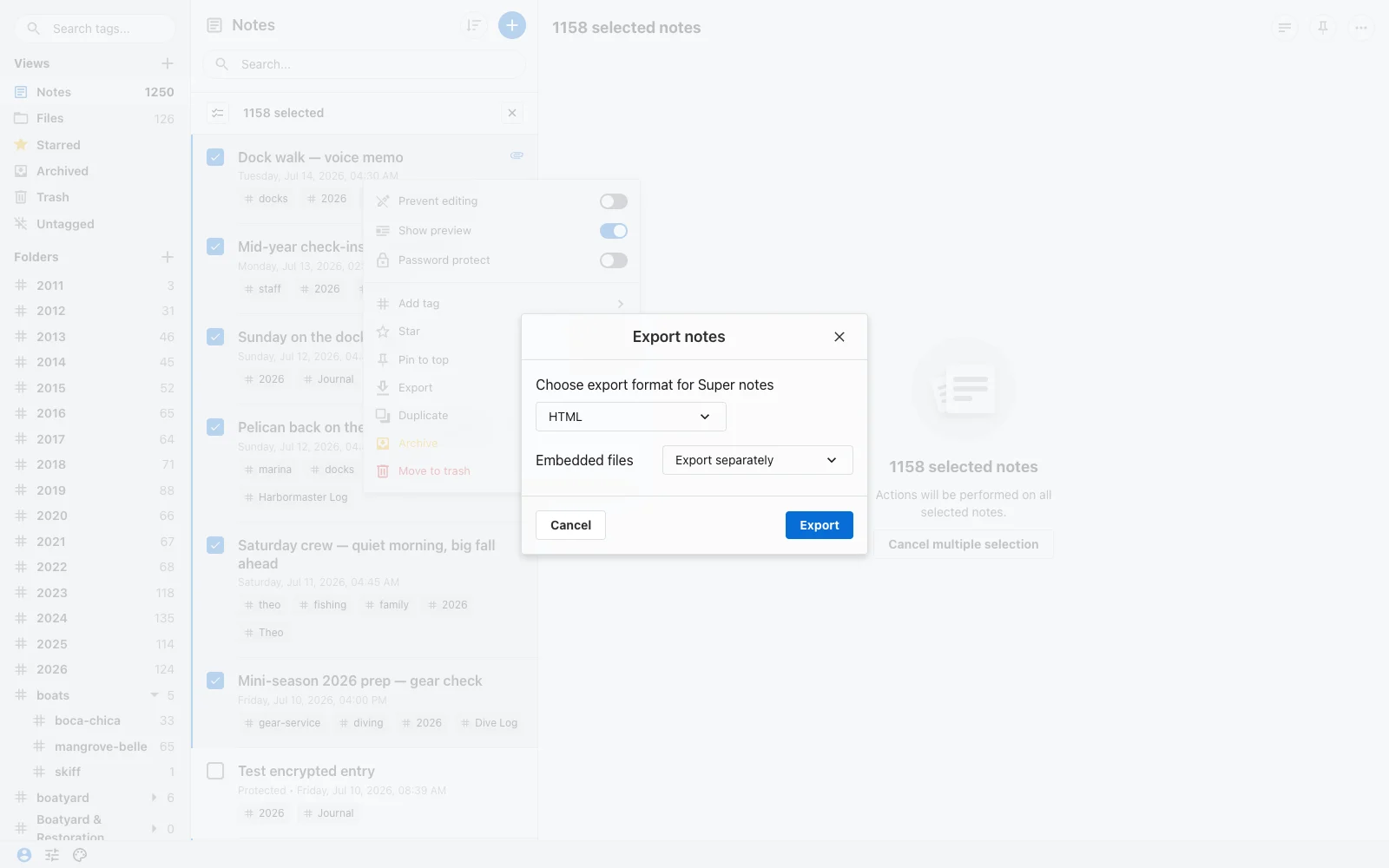 The Standard Notes Export dialog with format set to HTML and Embedded files set to Export separately.