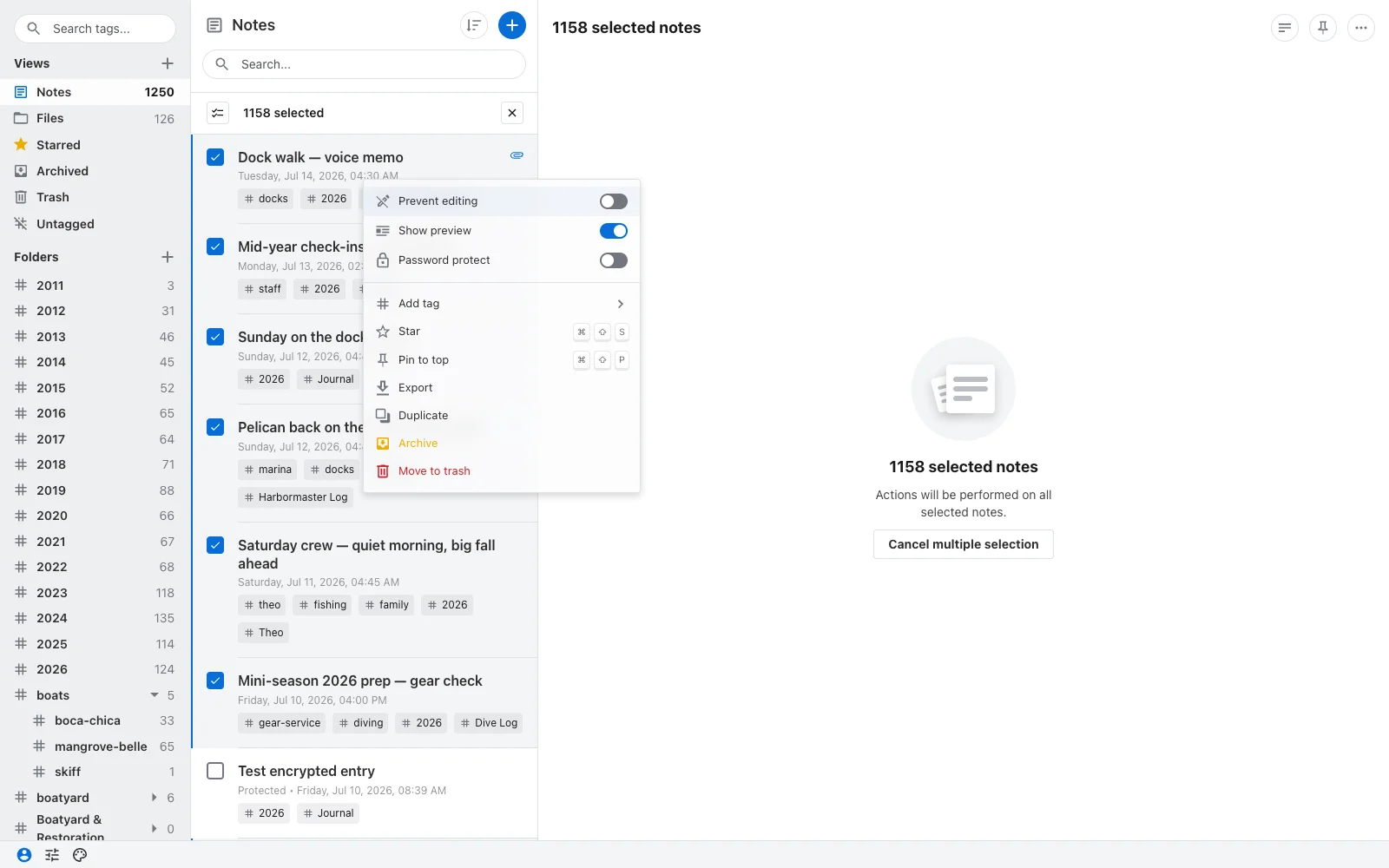 All notes selected in Standard Notes with the right-click menu open and Export highlighted.