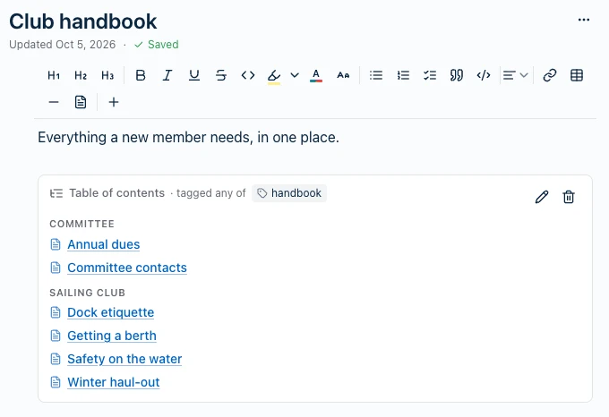 A note called Club handbook. Under its first line sits a Table of contents box, 'tagged any of handbook', with a pencil and a trash icon at the top right. It lists notes under two notebook headings: Committee (Annual dues, Committee contacts) and Sailing Club (Dock etiquette, Getting a berth, Safety on the water, Winter haul-out).