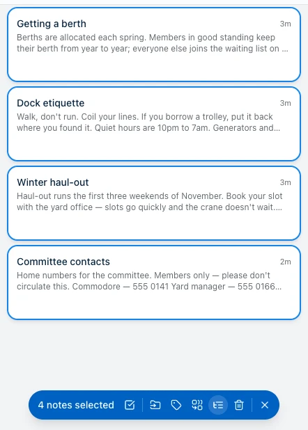 Harbor's note list with four notes selected. A blue bar along the bottom reads '4 notes selected' followed by six round icon buttons; the fifth, an indented-list icon, is highlighted.