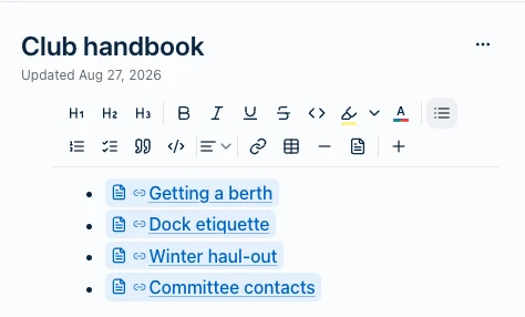 A Harbor note titled Club handbook whose body is a bulleted list of four note links: Getting a berth, Dock etiquette, Winter haul-out and Committee contacts.