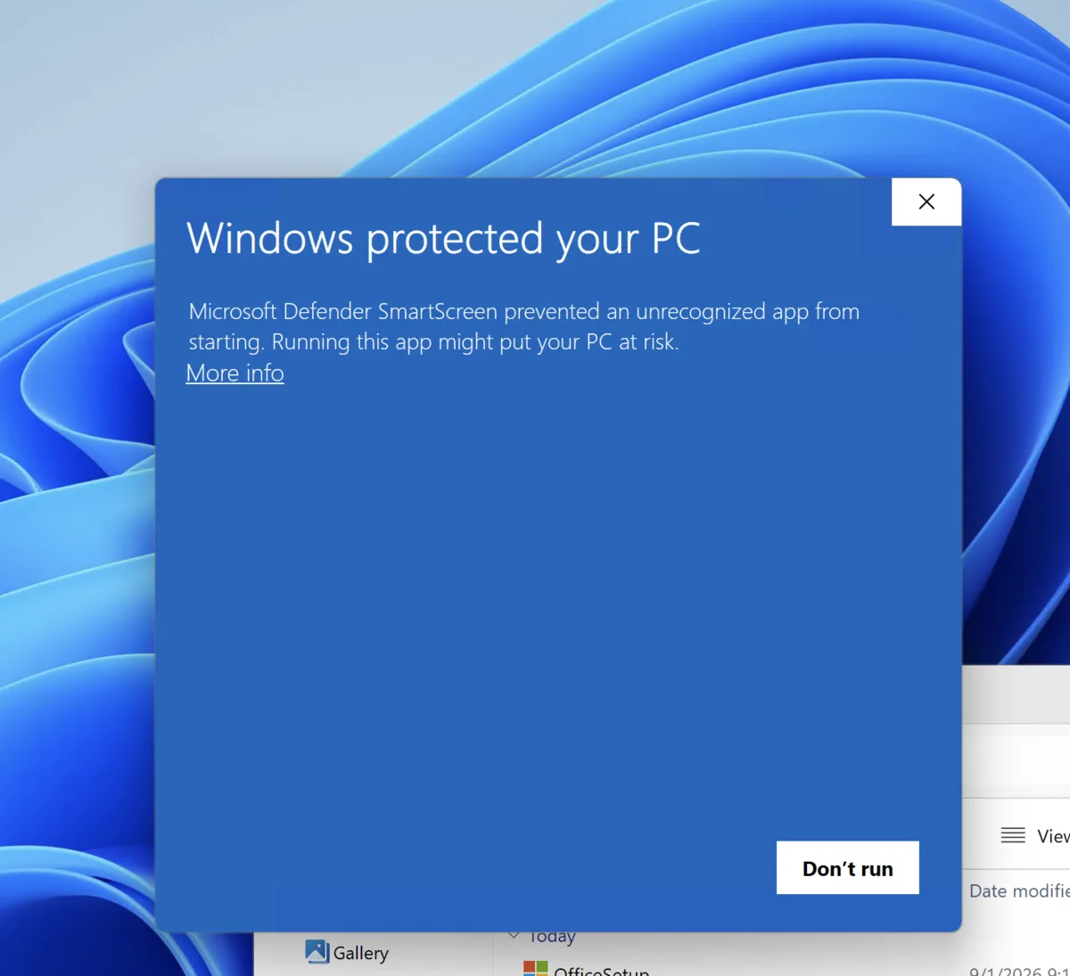 The Windows protected your PC message with the More info link underlined
