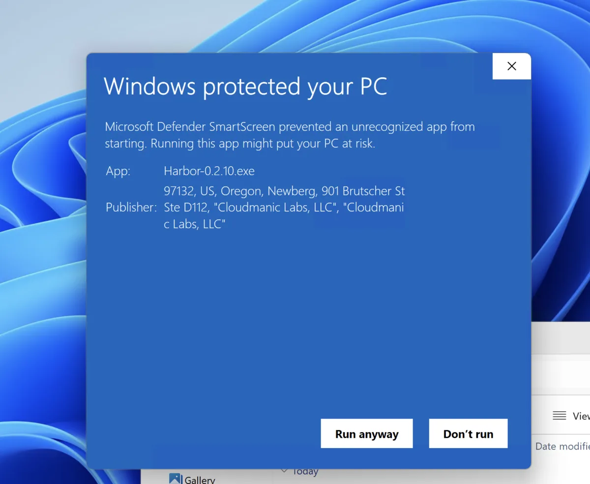 The expanded Windows SmartScreen message showing Harbor, Cloudmanic Labs as the publisher, and the Run anyway button