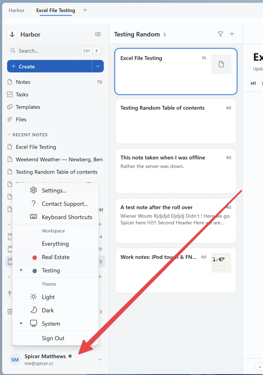 Harbor for Windows with the account menu open and Settings at the top