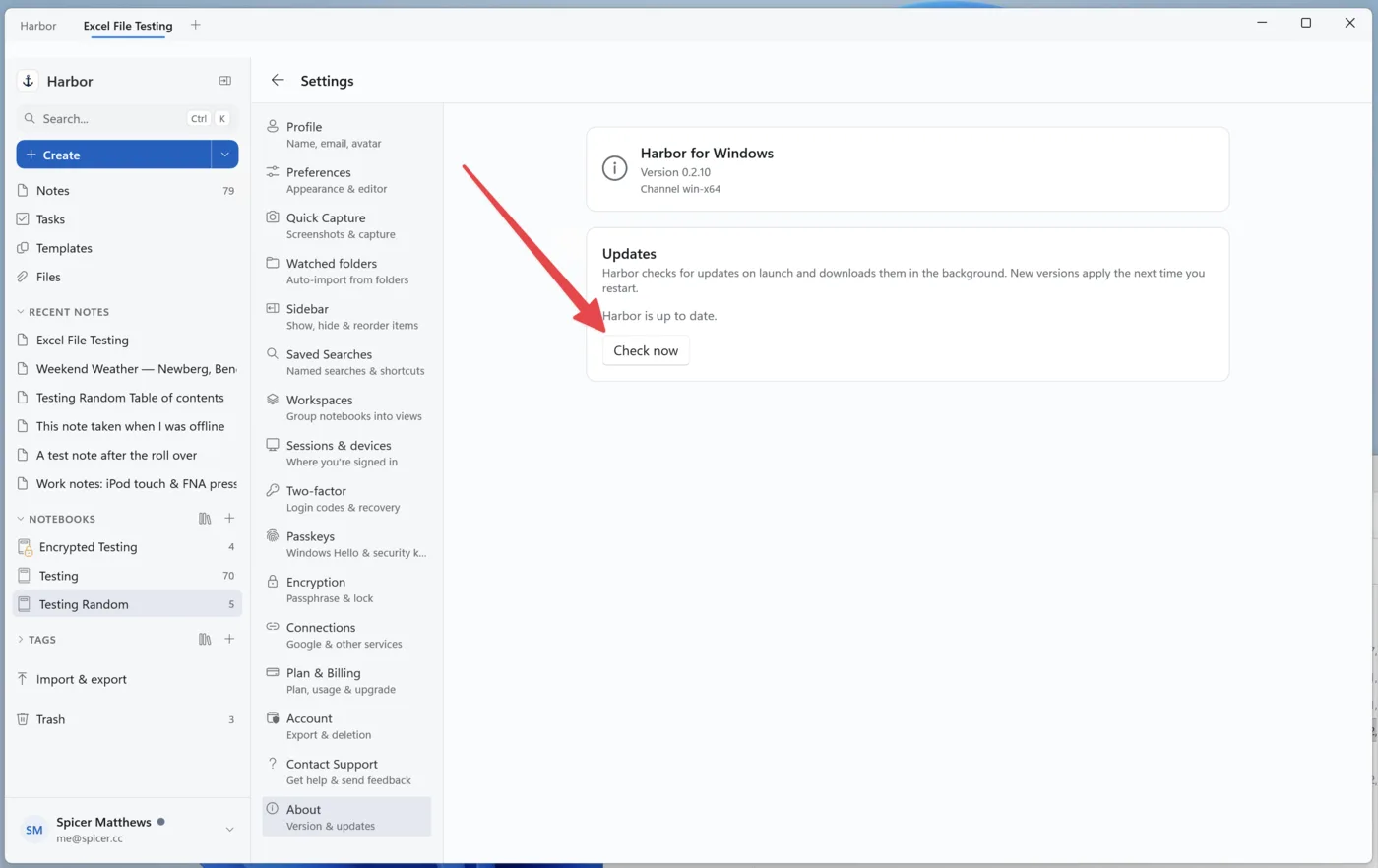 The About screen in Harbor for Windows with an arrow pointing to the Check now button