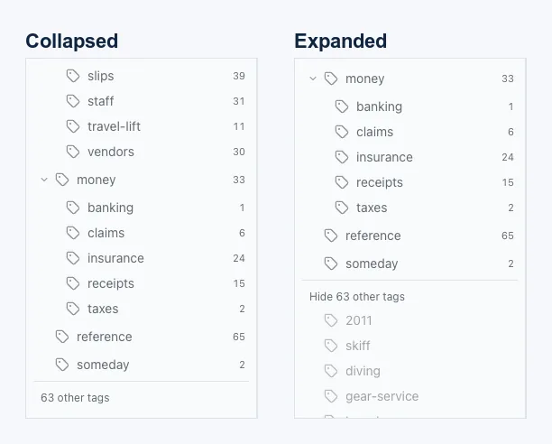 Harbor's sidebar tag list inside a workspace shown twice: collapsed, ending in a quiet '63 other tags' row, and expanded, where that row reads 'Hide 63 other tags' and the remaining tags are listed underneath in grey.