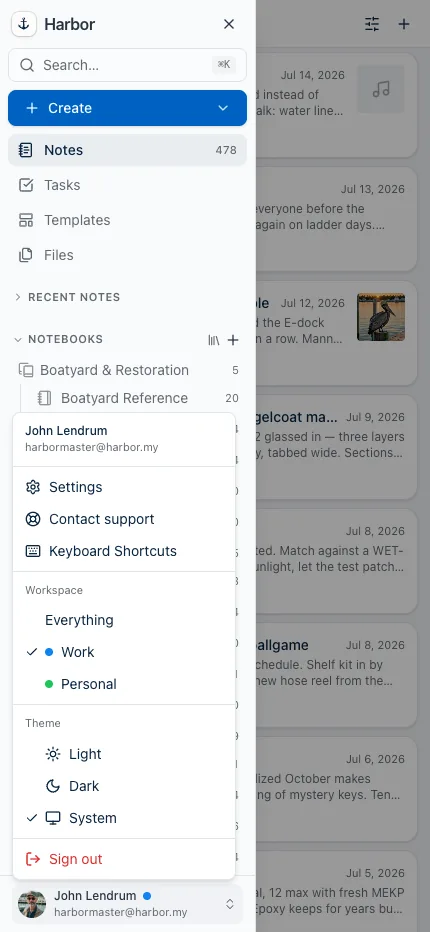 Harbor at phone size with the sidebar drawer and account menu open, showing the same Workspace section: Everything, Work (checked, blue dot) and Personal (green dot).