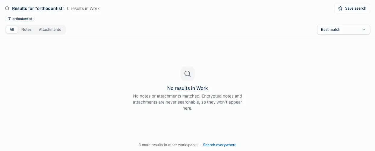 A Harbor search for orthodontist inside the Work workspace reading 'No results in Work', with a line underneath: '3 more results in other workspaces · Search everywhere'.