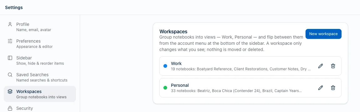 Harbor's Settings screen open on Workspaces, listing Work with a blue dot and 19 notebooks and Personal with a green dot and 33 notebooks, each with edit and delete buttons.