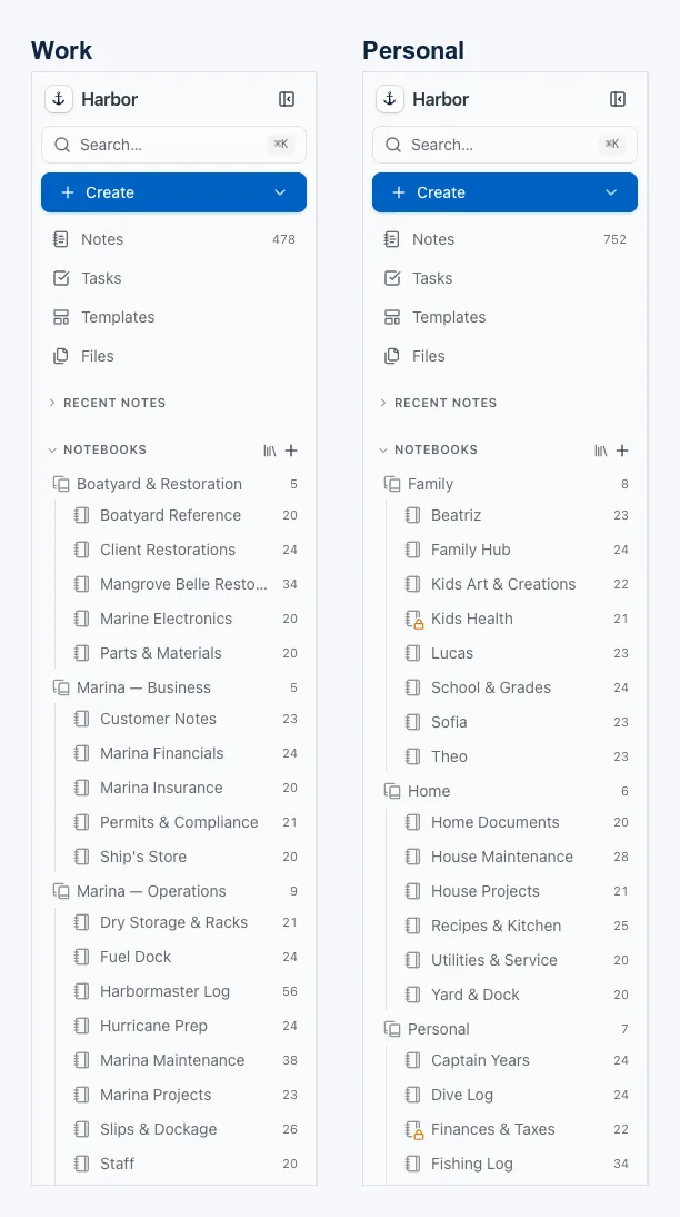 The same Harbor sidebar side by side in two workspaces. Work counts 478 notes and lists the boatyard and marina notebooks; Personal counts 752 and lists family, home and travel notebooks instead.
