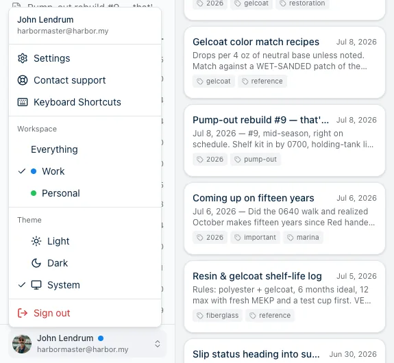 Harbor's account menu open at the bottom of the sidebar, with a Workspace section listing Everything, Work (checked, blue dot) and Personal (green dot) above the Theme section. A blue dot sits beside the account name in the sidebar footer.