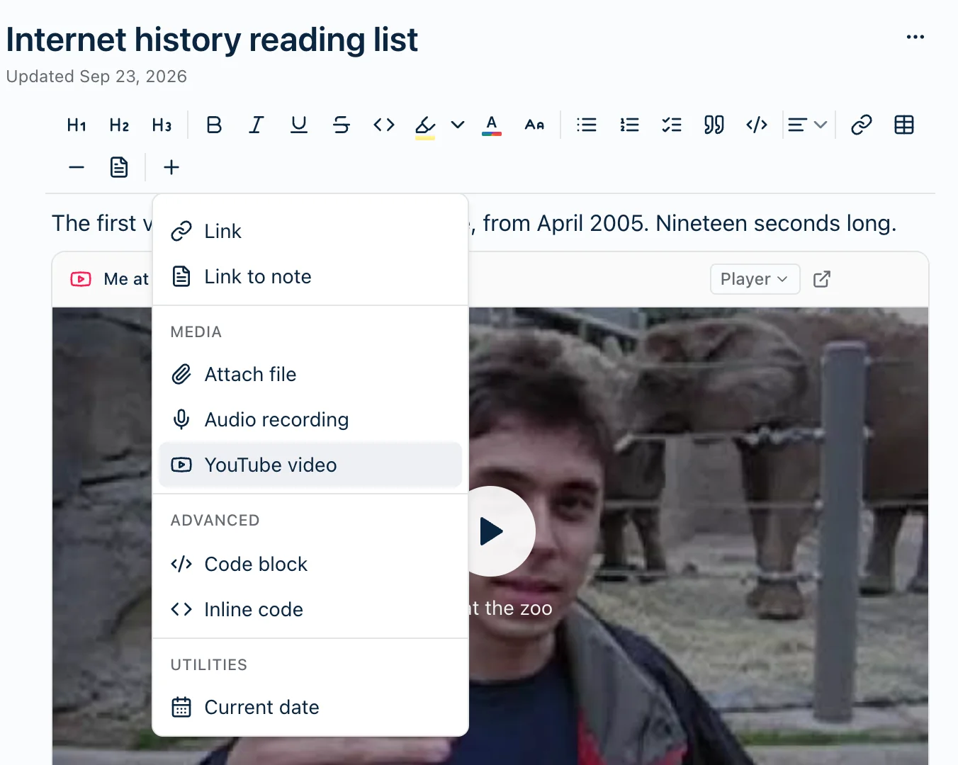 Harbor's insert menu open over a note, with YouTube video highlighted in the Media section between Audio recording and Code block