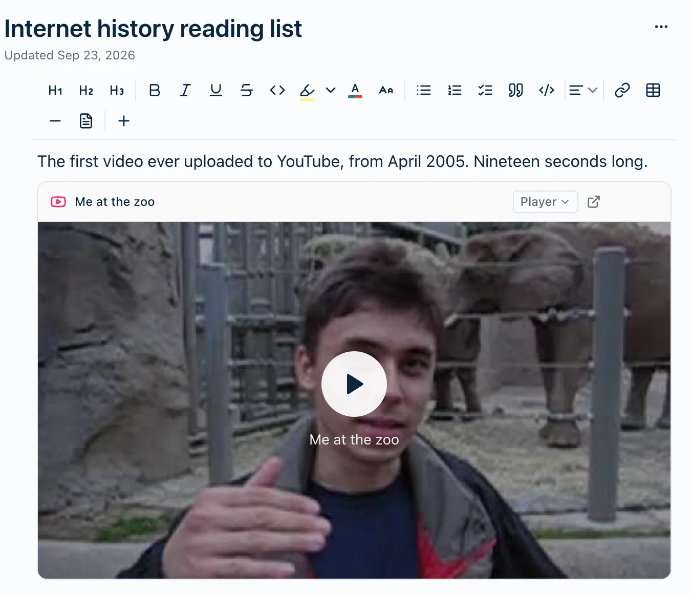 A Harbor note with a YouTube video in it. A header strip reads 'Me at the zoo' with a Player menu and an open-in-new-window button, and below it a still from the video with a white play button and the title