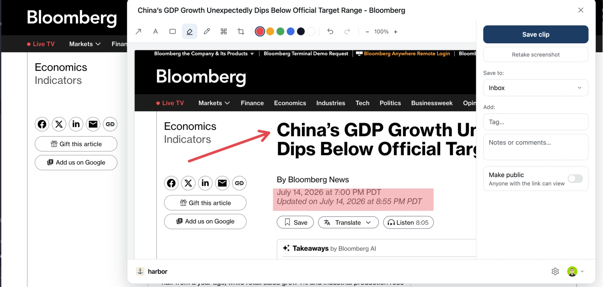 The Harbor Web Clipper annotating a news article, with the save-clip panel open