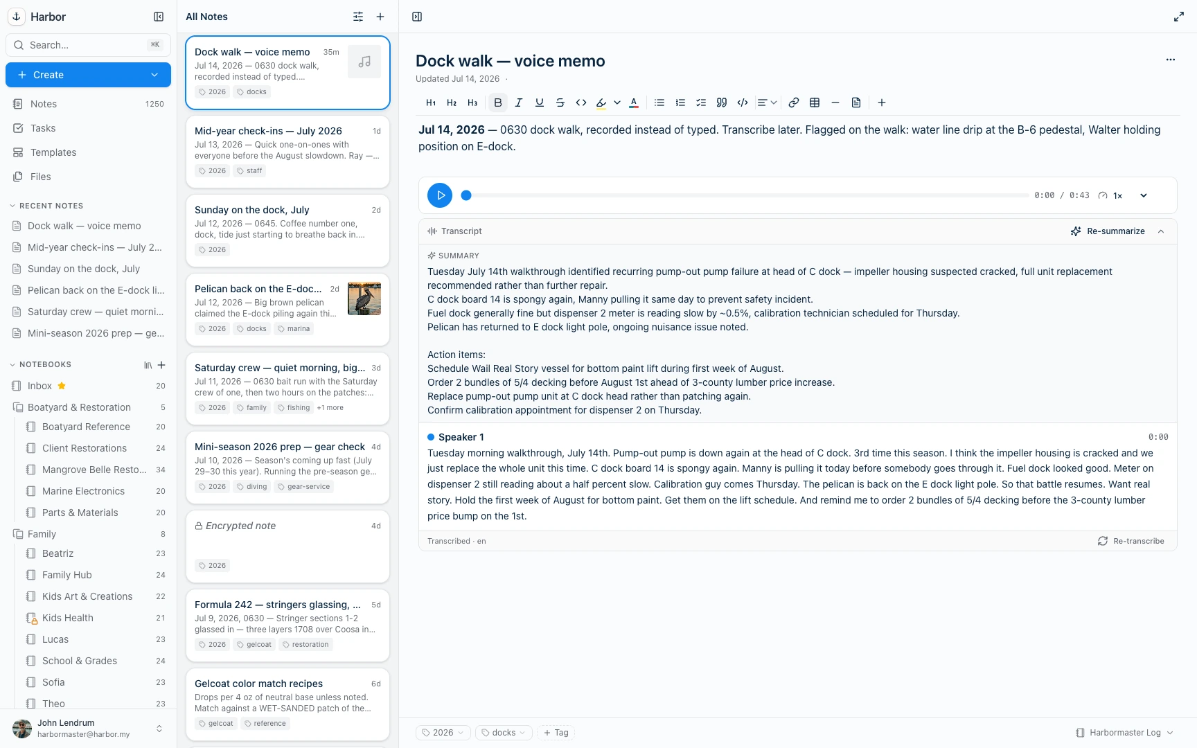 The Harbor desktop app showing a notebook of notes, tasks, and a scanned document