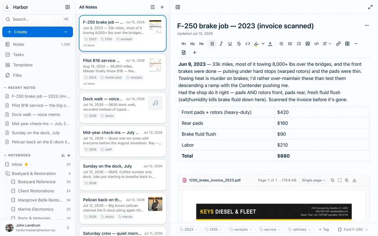 Harbor's notes view: notebooks and tags in the sidebar, a clean note list, and a full note open on the right