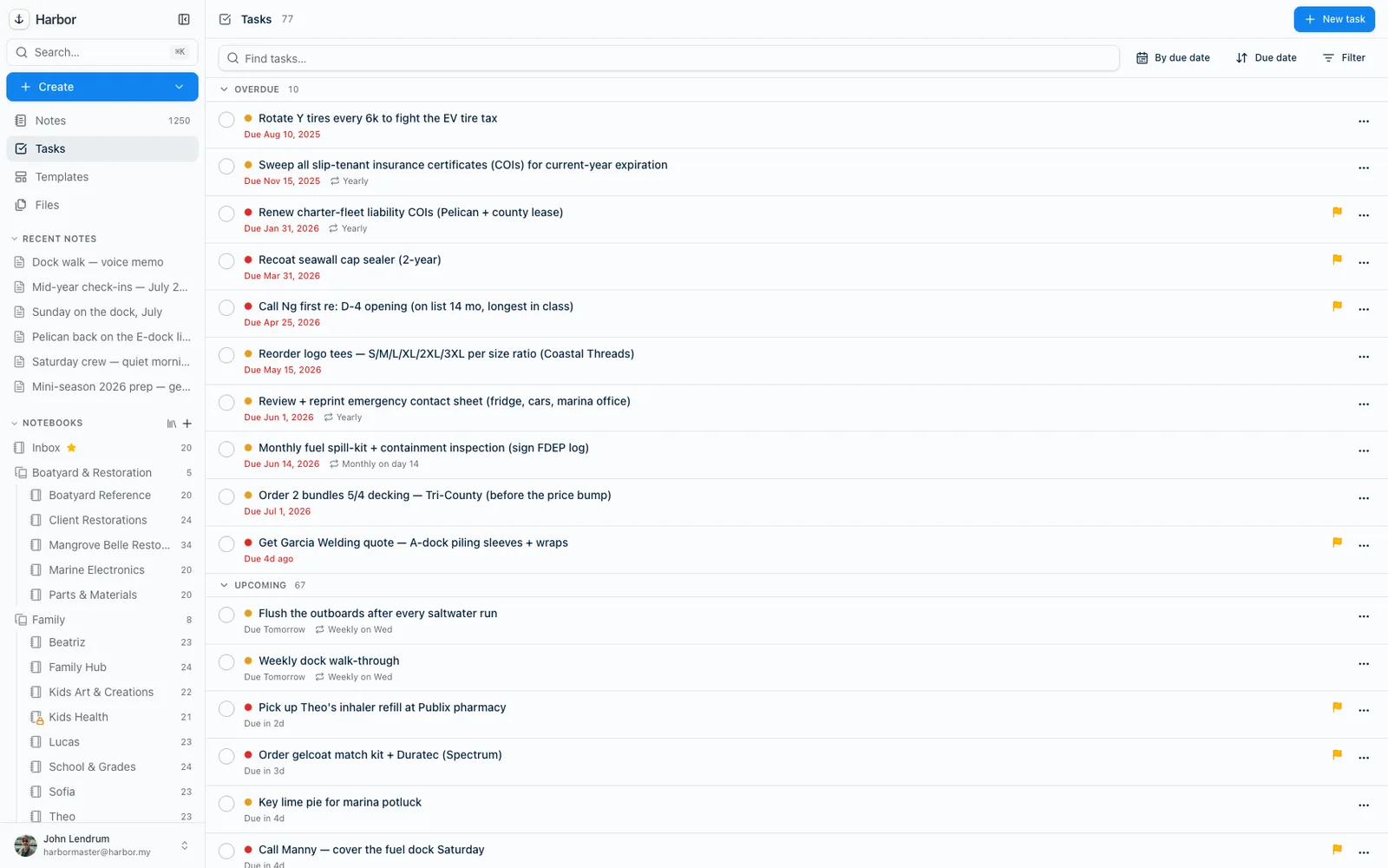 The Tasks view in Harbor with due dates and priorities