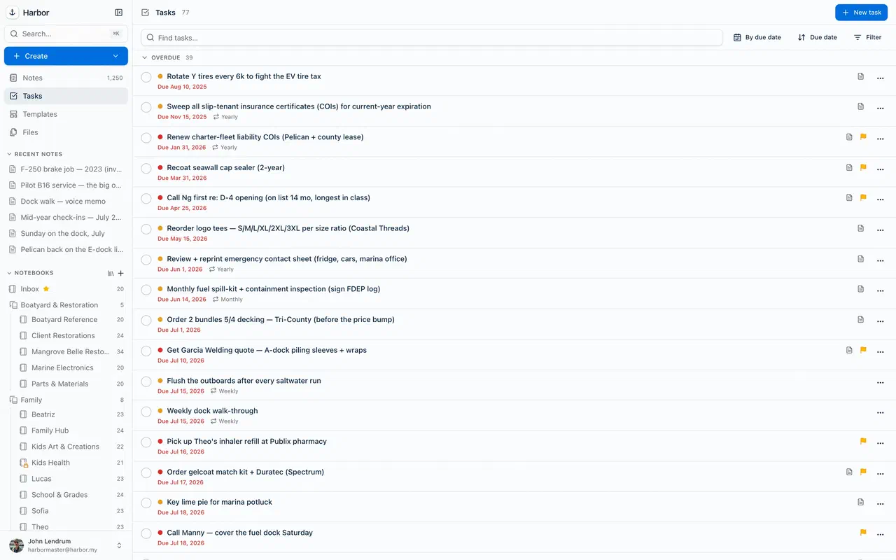 The Tasks view in Harbor with due dates and priorities