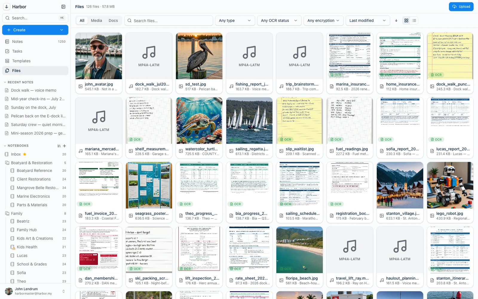 The Files view in Harbor showing every attachment in one place