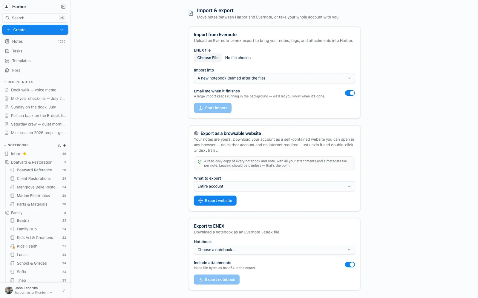 Harbor's Evernote import with a live progress bar