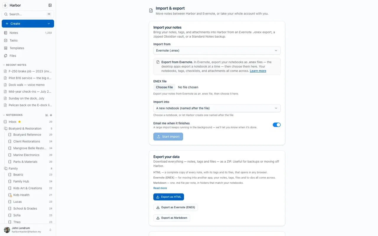 Harbor's import and export screen: import from an Evernote .enex file, an Obsidian vault, or Standard Notes, with full-account export as HTML, Markdown, or Evernote ENEX below