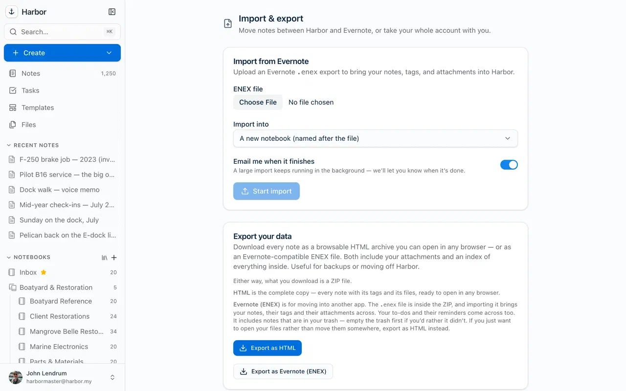 Harbor's import screen: upload an Evernote ENEX file, with full HTML and ENEX export below