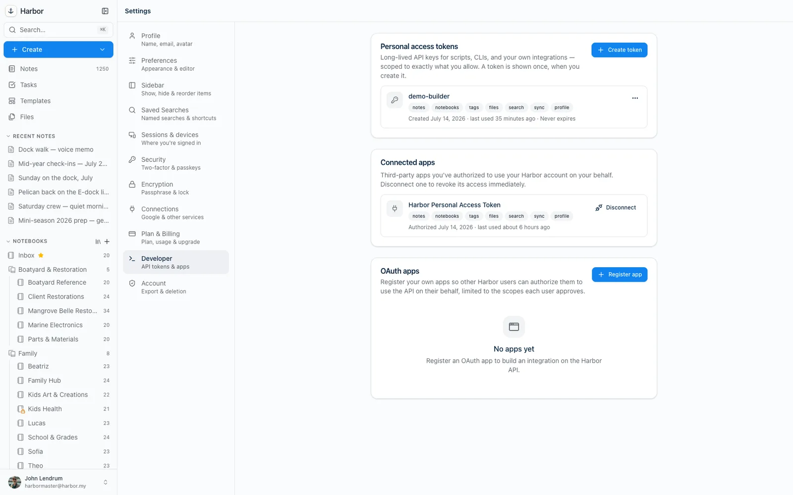 Harbor's developer settings: API tokens with scoped access