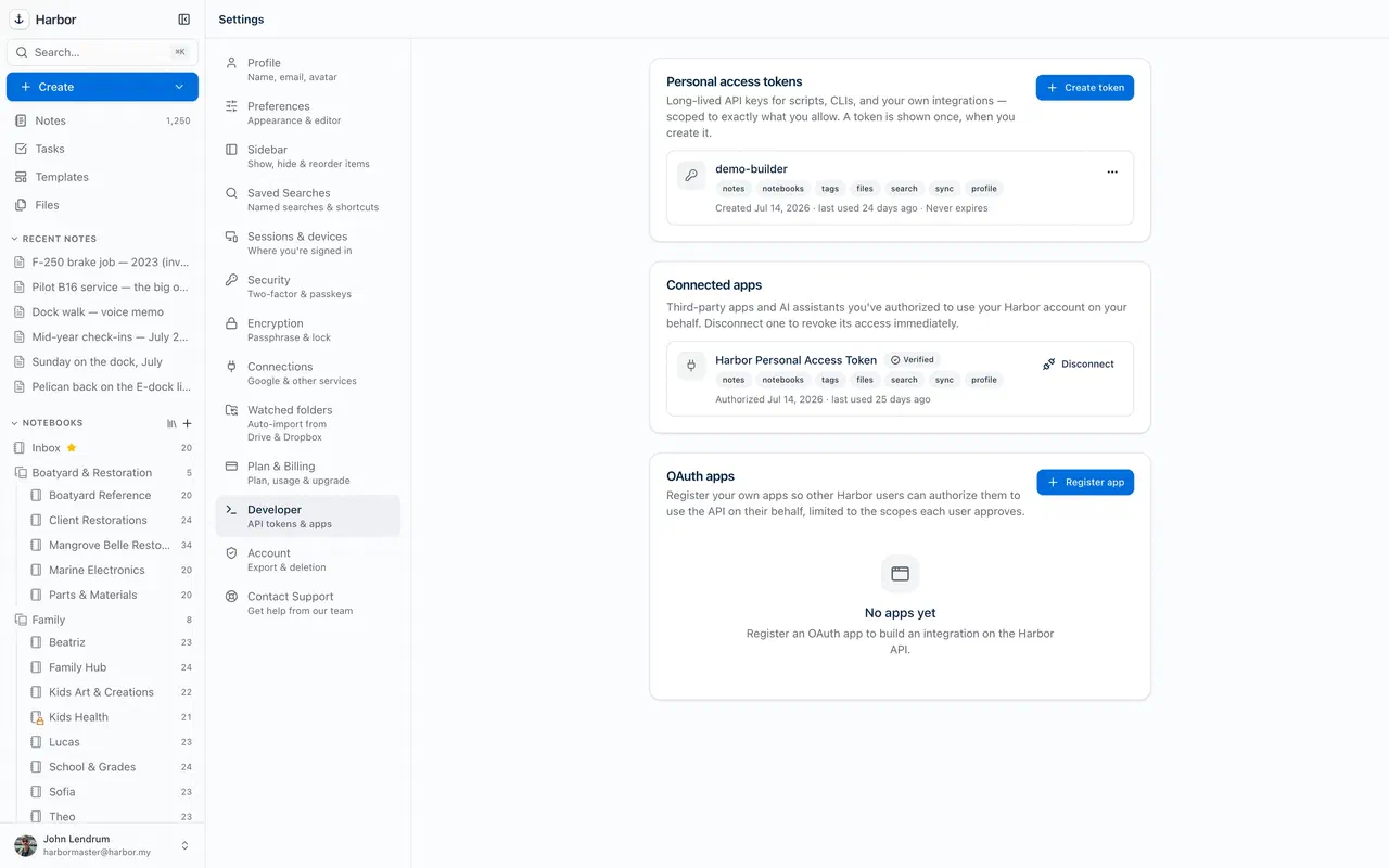 Harbor's developer settings: API tokens with scoped access