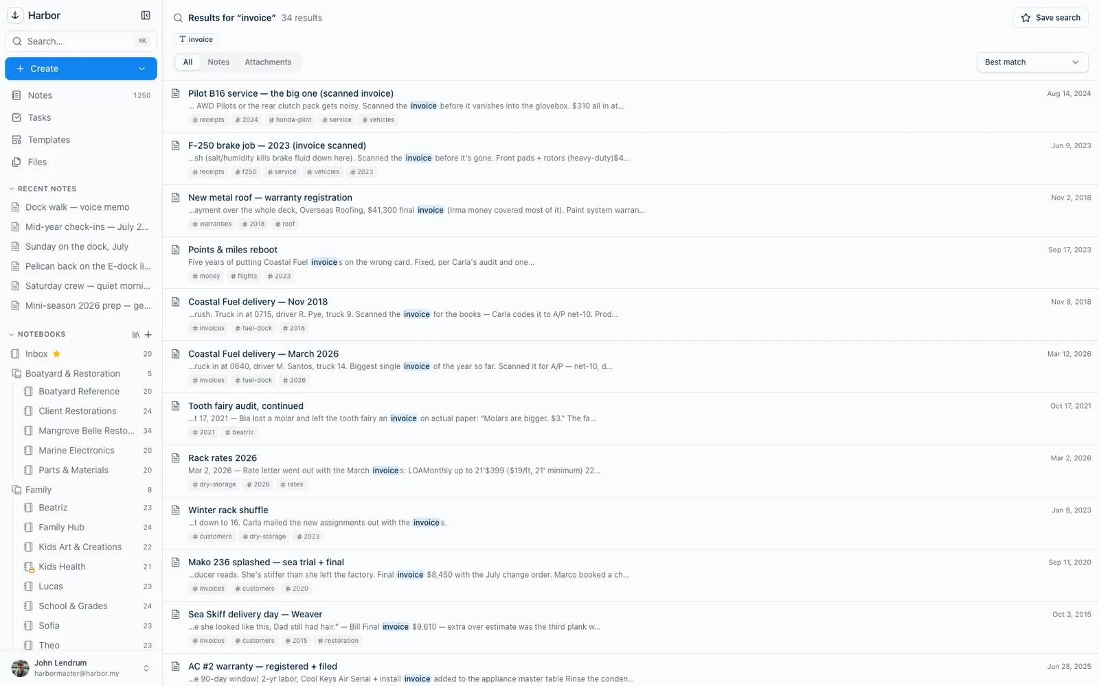 Harbor search results across notes, notebooks, and attachments