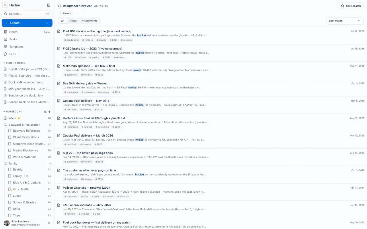 Harbor search results across notes, notebooks, and attachments