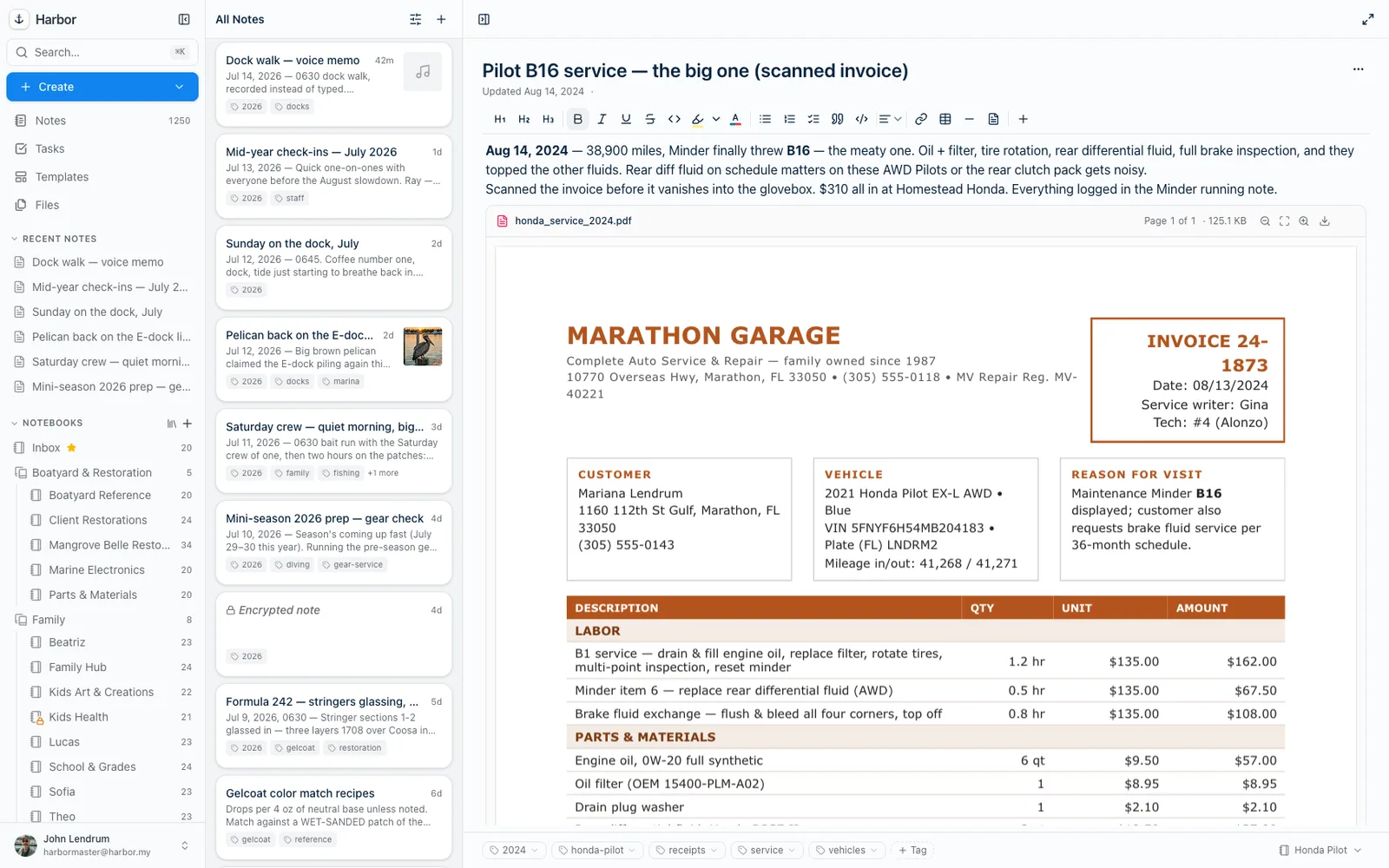 A rich Harbor note with a scanned invoice attachment and formatted text
