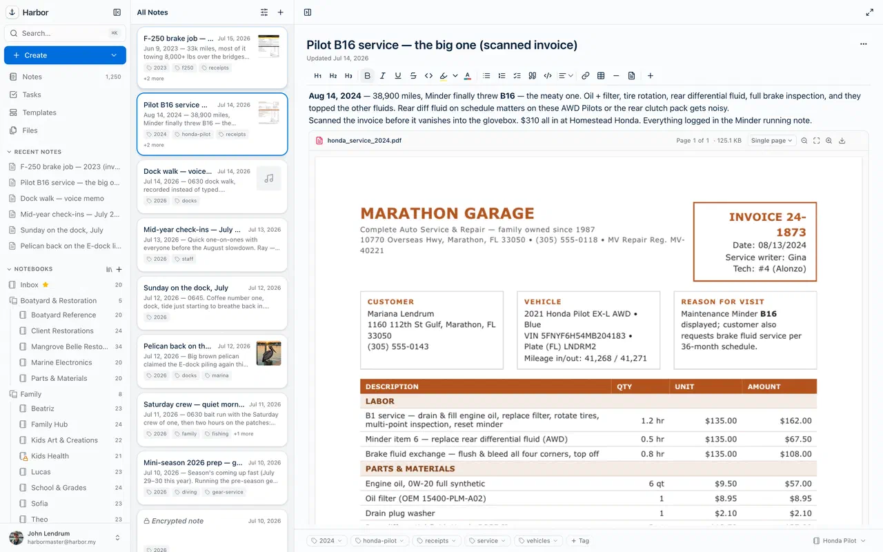 A rich Harbor note with a scanned invoice attachment and formatted text