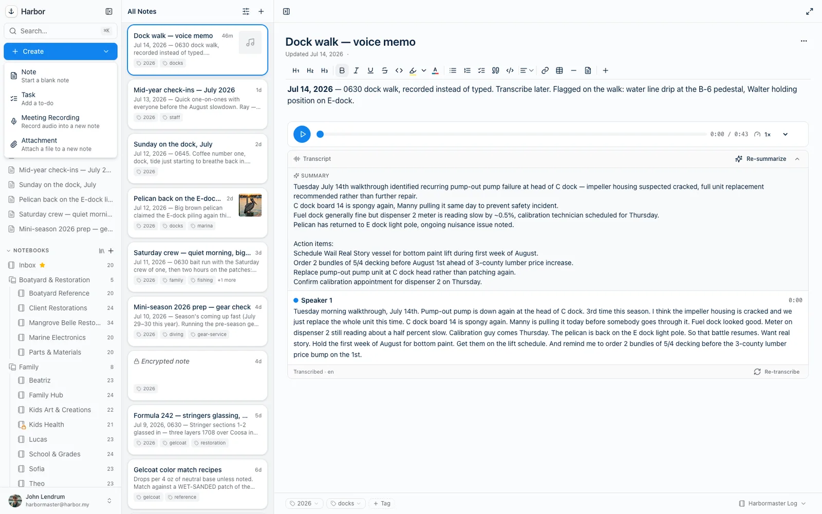 Harbor's quick-create menu: note, task, recording, attachment