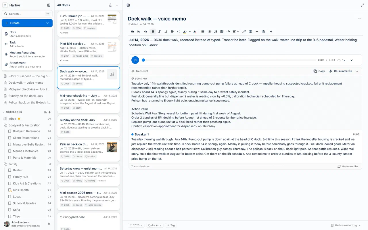 Harbor's quick-create menu: note, task, recording, attachment