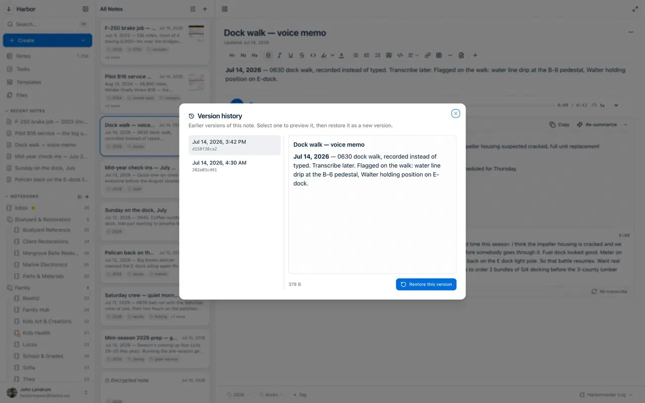 Harbor's version history panel with restorable snapshots of a note