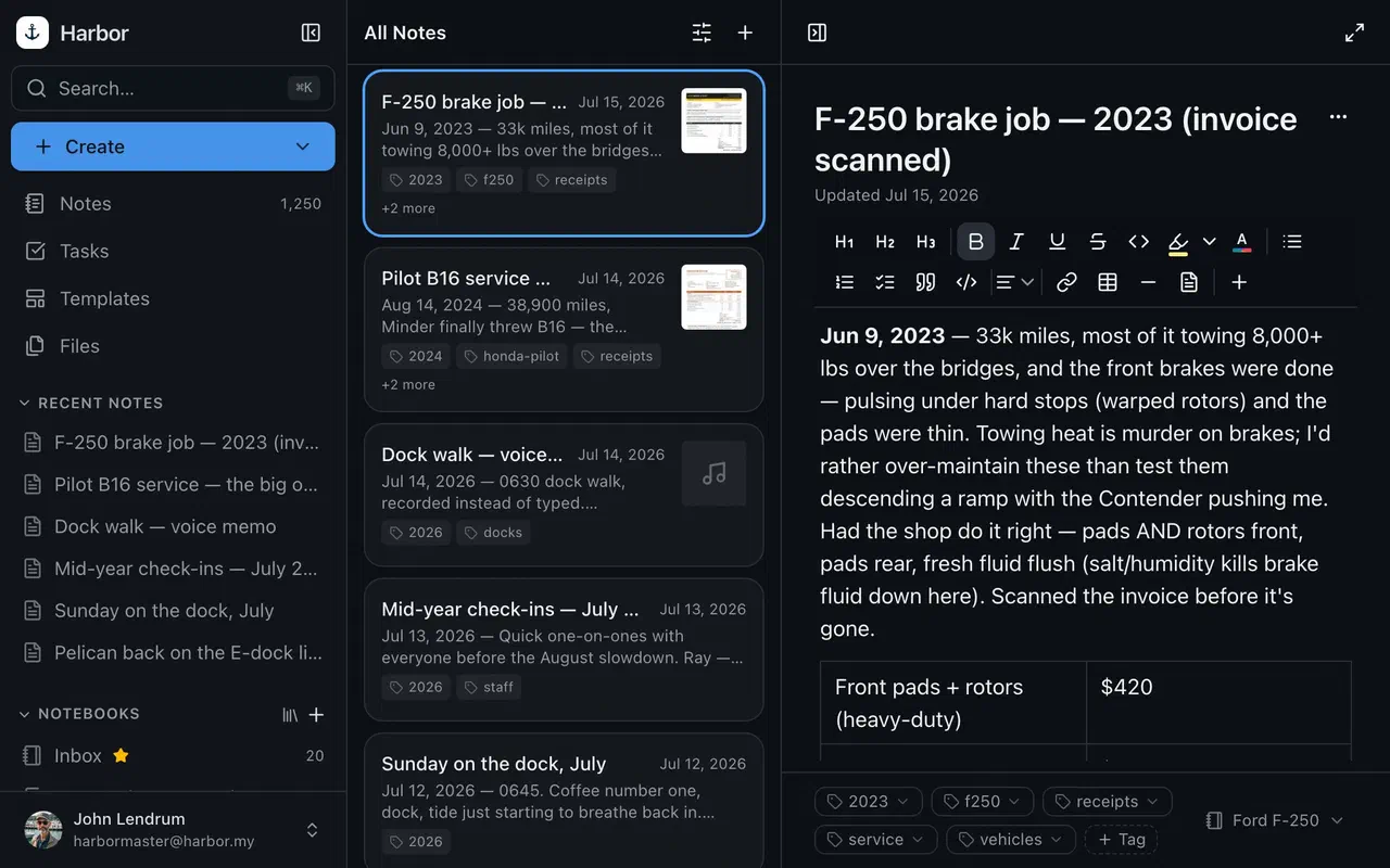 Harbor running in the browser, in dark mode