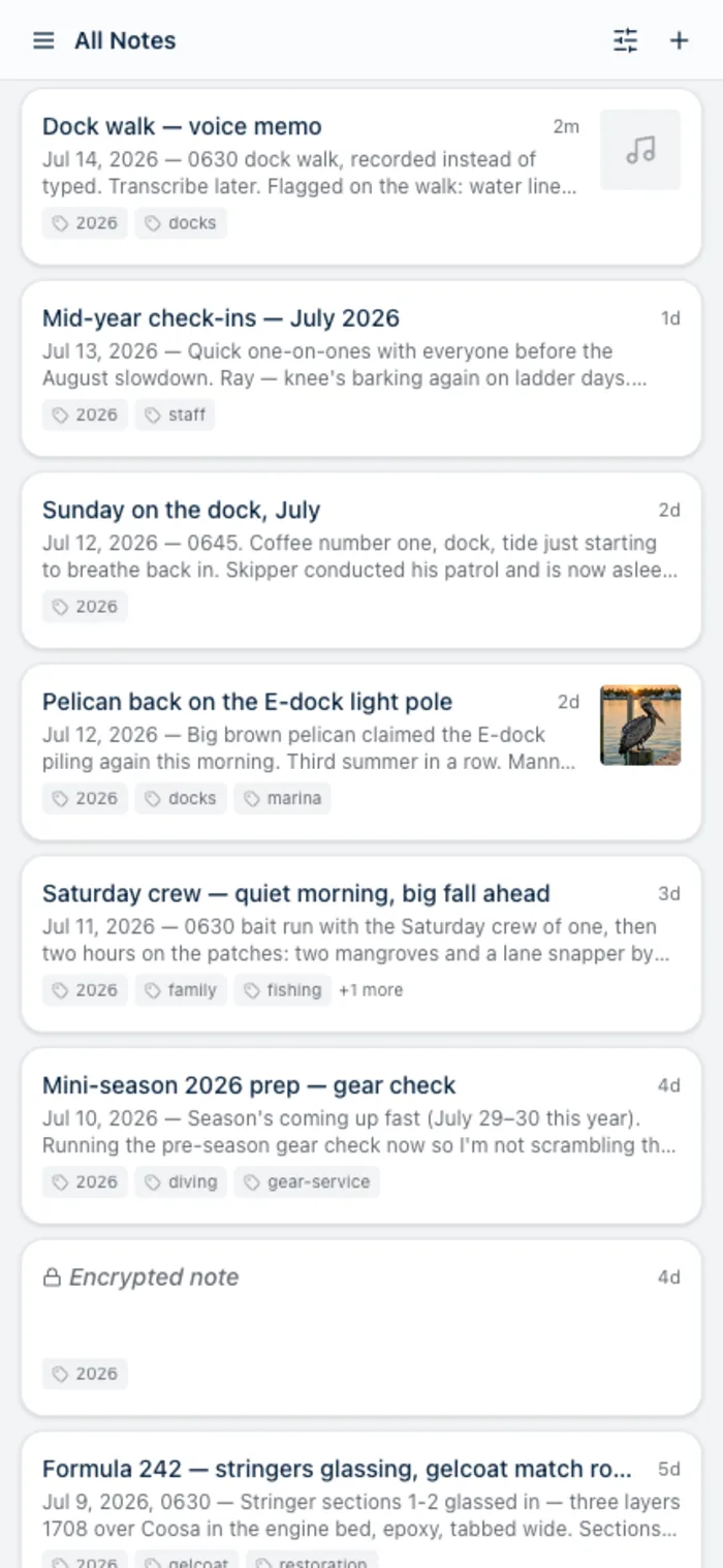 Harbor's notes list on a phone, fully usable offline