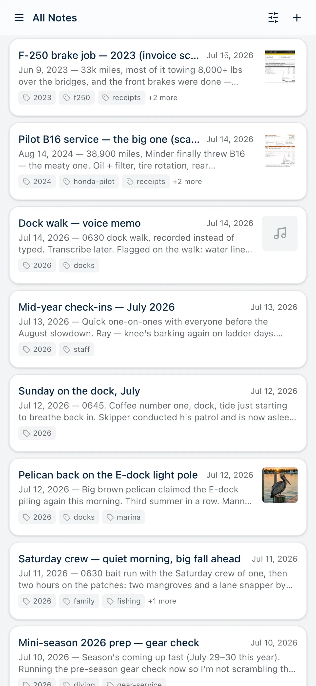 Harbor's notes list on a phone, fully usable offline