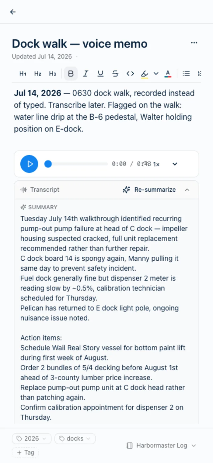 A voice memo in Harbor with its searchable transcript