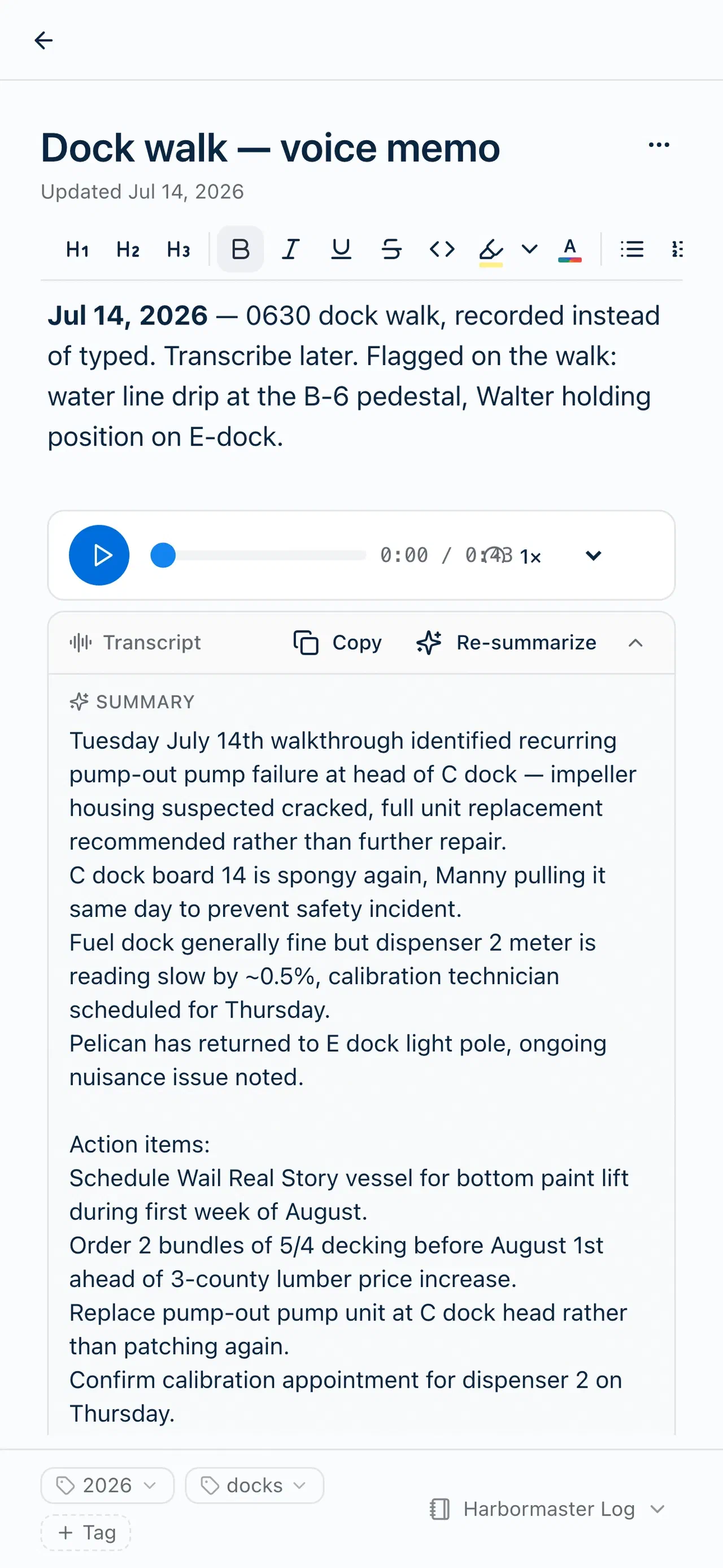 A voice memo in Harbor with its transcript